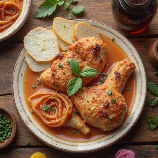A plate with chicken, spaghetti, and side dishes. The chicken is browned and garnished with herbs. Spaghetti is shaped into a rose.