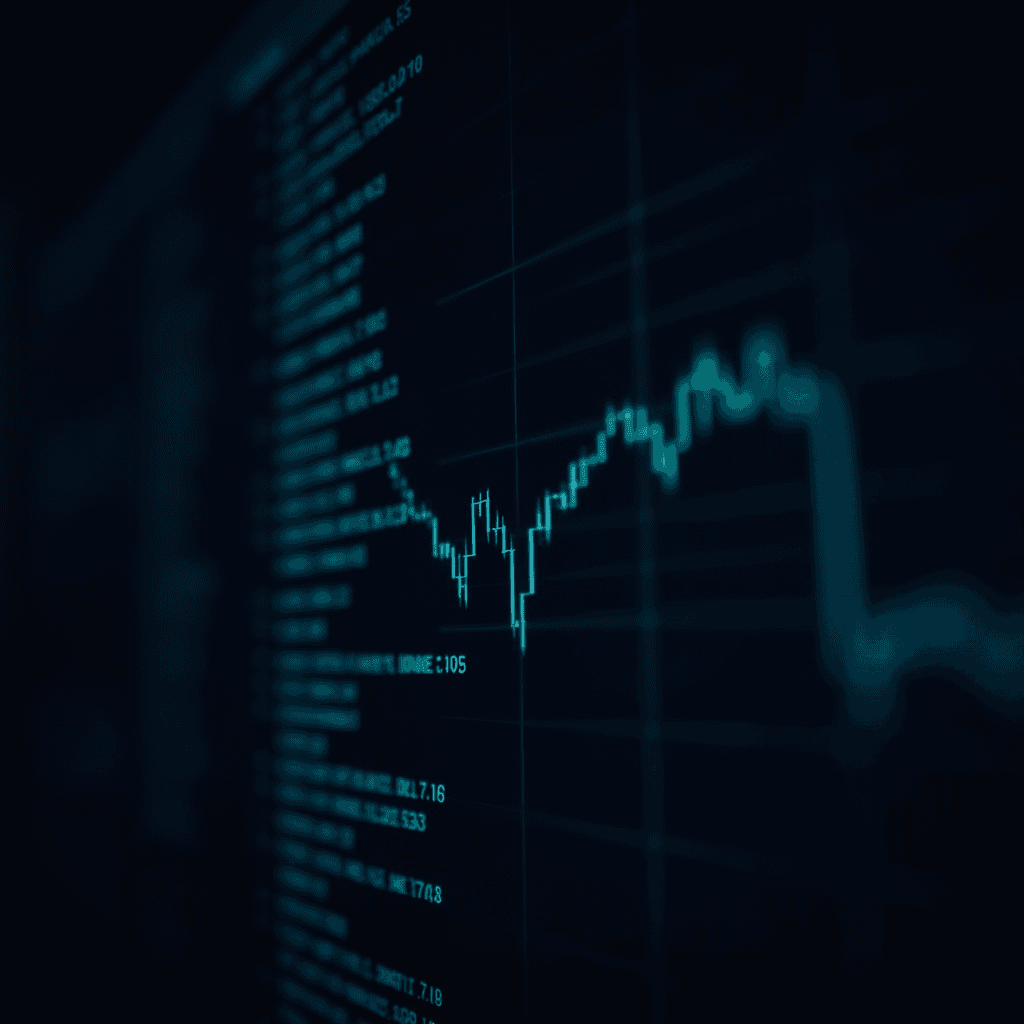 A digital screen displaying a financial graph with fluctuating blue lines accompanied by numerical data.