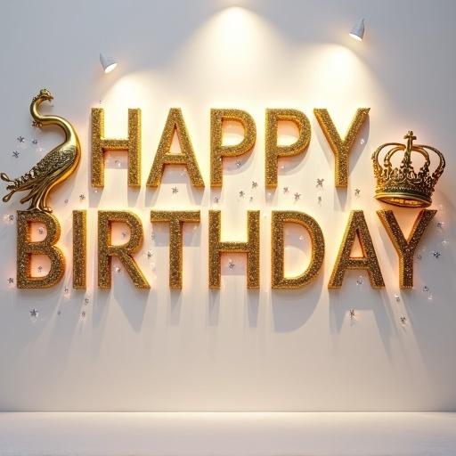 3D rendering of a wall display with 'HAPPY BIRTHDAY' in golden letters. Crown on the right, peacock on the left, surrounded by diamond sprinkles. Warm glow illuminates a white background. Soft lighting highlights details for a celebratory atmosphere.