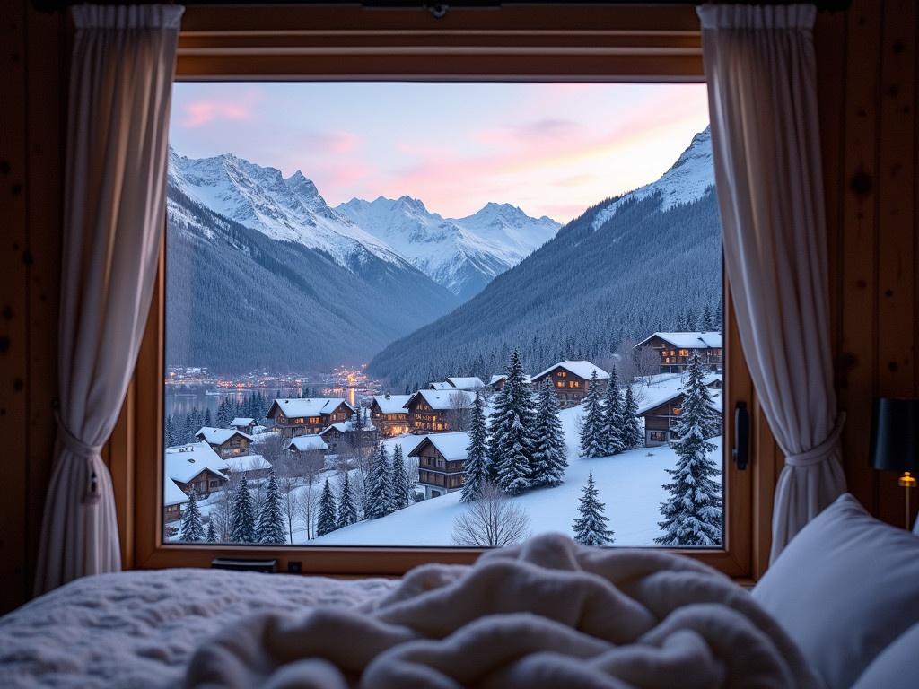 The image captures a serene scene from a cozy bedroom overlooking a snowy village nestled in the mountains. The window, framed in wood, reveals a breathtaking view of snow-covered peaks and a picturesque town. It's dawn, with soft pastel hues illuminating the sky, providing a tranquil ambiance. The foreground shows a plush bed covered in a warm blanket, inviting rest and relaxation. The landscape outside depicts snow-laden trees and roofs, with warm lights twinkling from the houses below. Overall, the scene evokes a peaceful, wintery retreat. This setting is perfect for a relaxing getaway filled with natural beauty.