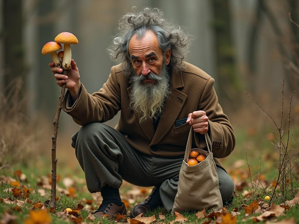 In a serene autumn forest setting, an elderly man with expressive eyes and a wild, grey beard kneels down, holding a stick adorned with mushrooms. His attire is rugged yet warm, consisting of an earthy-toned coat and pants. He carries a cloth bag filled with mushrooms, blending into the rustic and natural surroundings, as fallen leaves carpet the ground. The image captures a sense of wisdom and connection to nature.