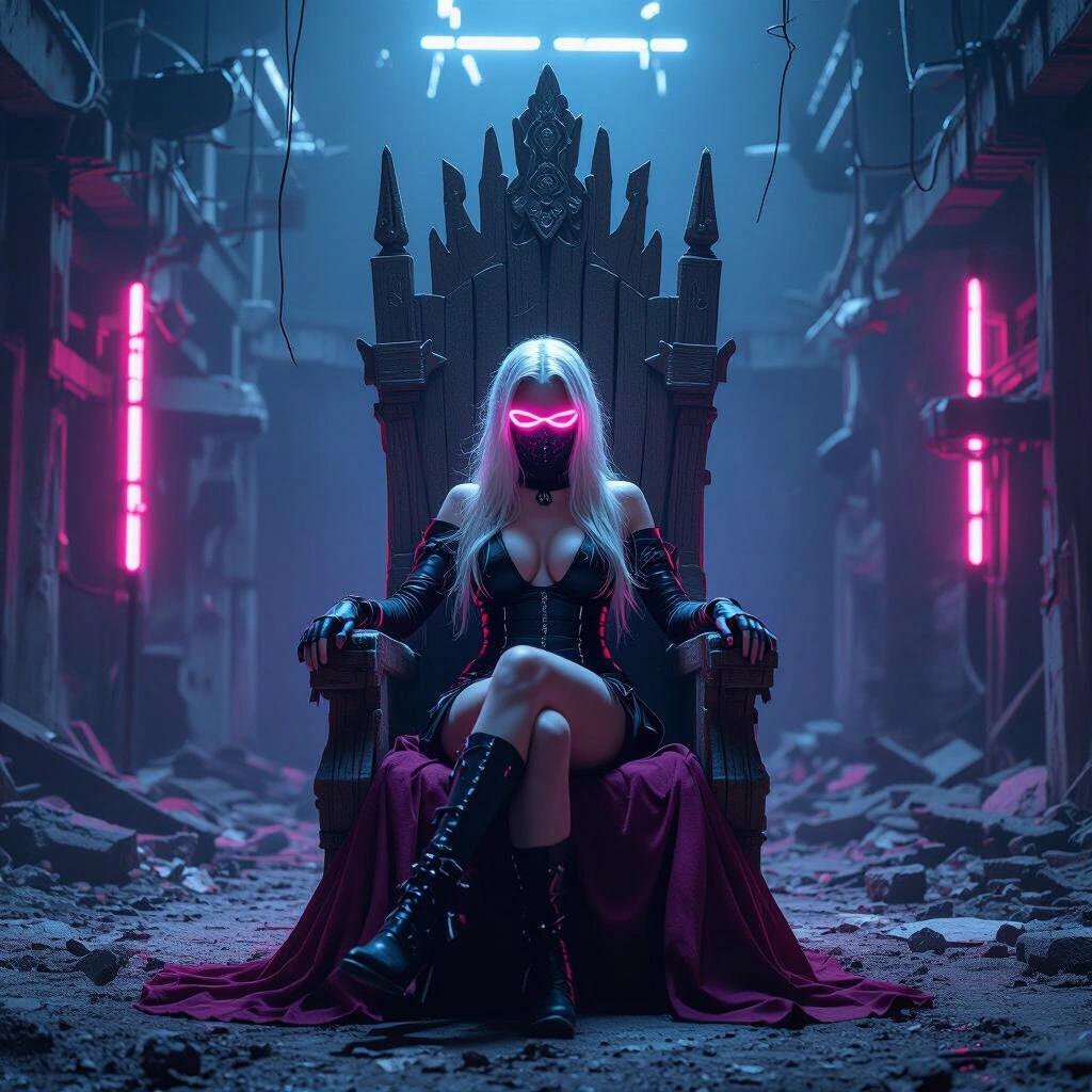 Ominous portrait at night with dark neon lights. Crumbling tech warehouse with an impressive wooden throne. A high-tech masked figure sits in the throne, creating a dark vibe.