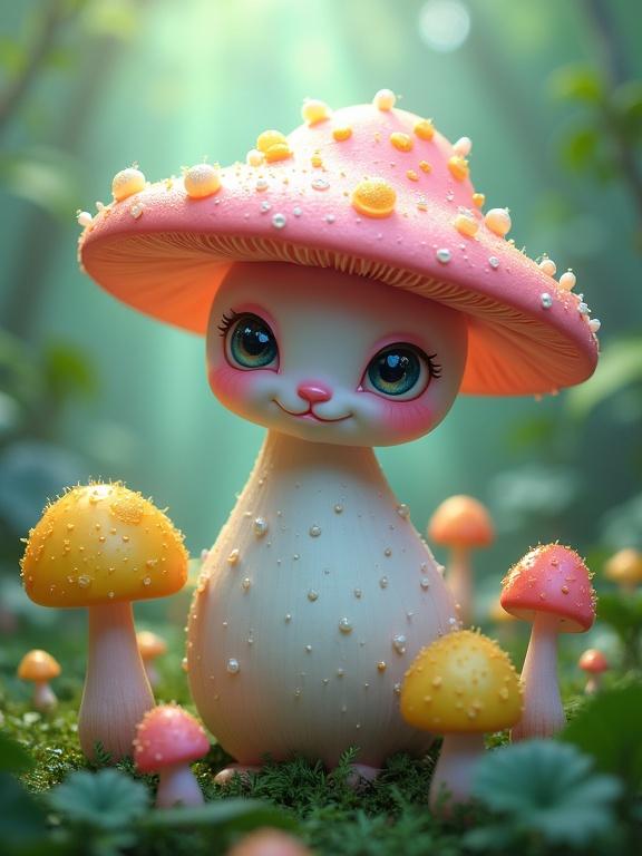 A surreal, anthropomorphic mushroom creature stands among vibrant, fantastical fungi. The character has a wide pink mushroom cap with colorful spots, large expressive eyes, and a slender, dewy stem. Surrounding elements include various small mushrooms and a lush green background, all illuminated by soft natural light, creating a magical ambiance.
