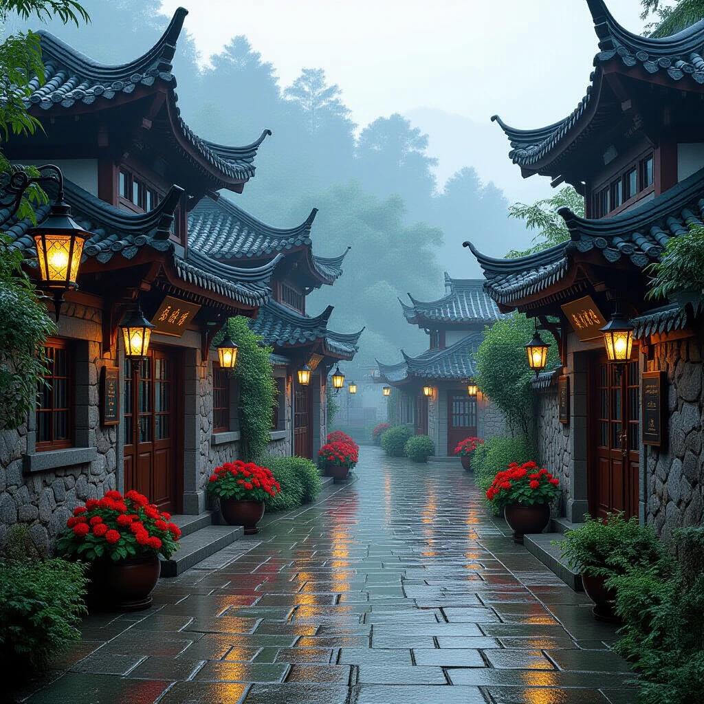 Misty morning in a vintage mythical sanctuary. Cobblestone path between authentic Asian houses. Lanterns glow softly. Flowers in vibrant planters. Calm and serene ambiance.
