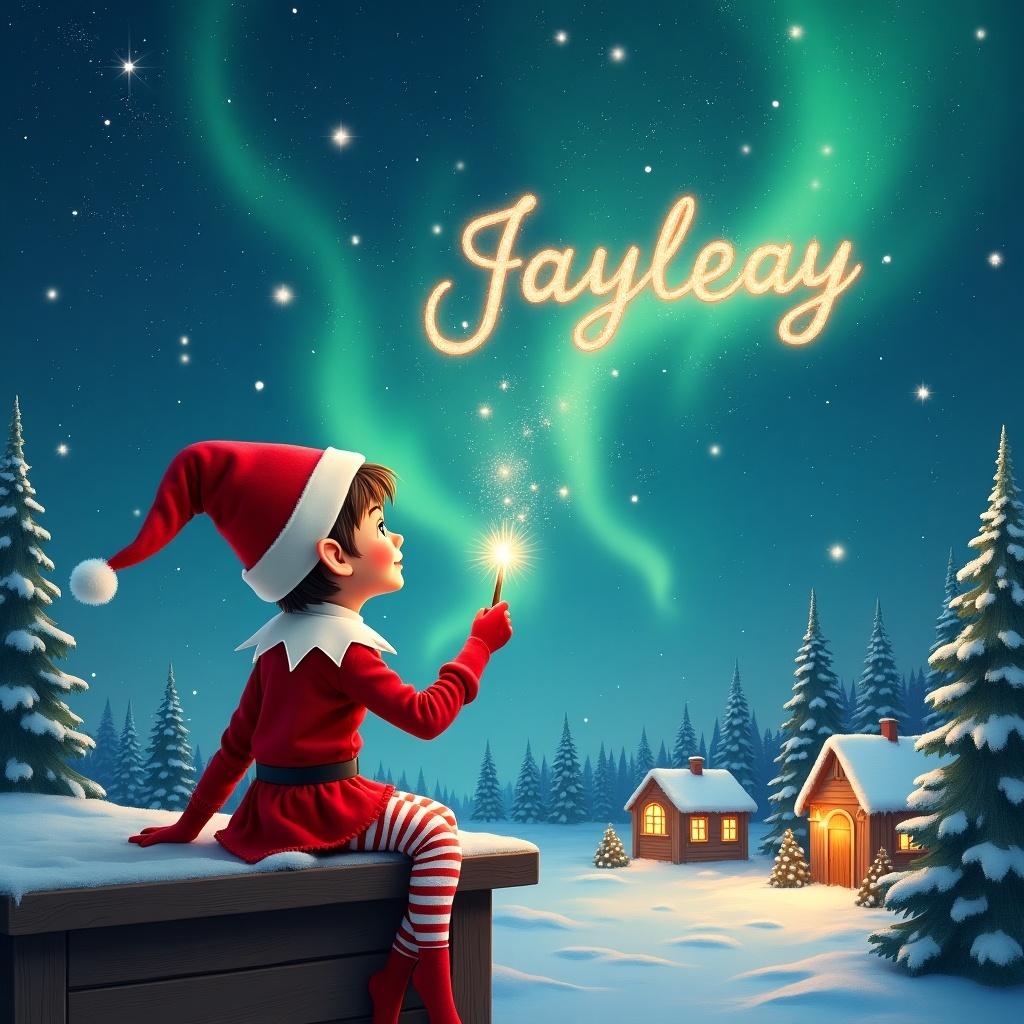 An elf sits on a wooden ledge with its back to the camera, gazing at a magical sky. Dressed in a red outfit with a pointed hat, the elf holds a sparkling wand. With the wand, the elf writes the name ‘Jayleigh' in the starry sky. The scene is painted with a snowy landscape, charming little houses, and evergreen trees under shimmering Northern Lights. This whimsical depiction captures the essence of childhood magic and Christmas cheer. The elf elegantly adds the names 'Leslie' and 'Tim' in the same starry sky, enriching the magical atmosphere.