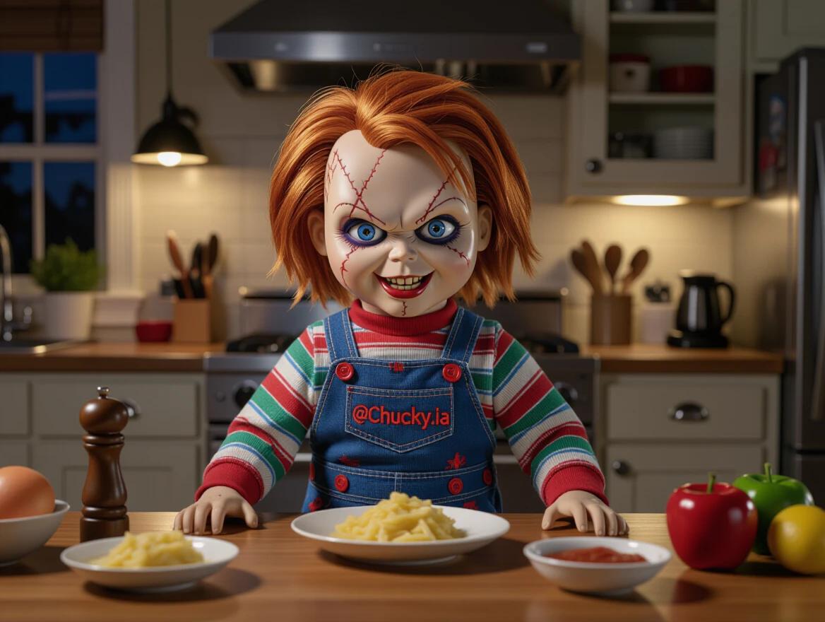 Ultra-realistic image of Chucky doll in warm kitchen. Chucky has messy ginger hair and scars. He is mischievous. Ingredients are on the table: strawberries, canned milk, powdered milk, butter, and cream. A portable stovetop is nearby. Lighting is warm and cinematic. Background is slightly out of focus.