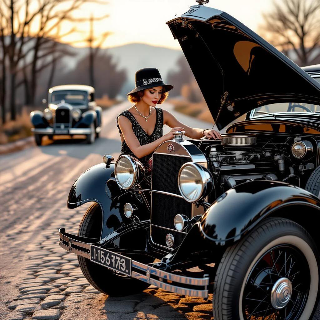 Photorealistic scene from 1928 featuring an elegant woman in a cloche hat and beaded dress. The woman is working on a 1928 Mercedes-Benz 18/100 PS Sportwagen with its hood raised revealing the straight-six engine. The background includes a blurred Citroen B12 on a desolate cobblestone road during golden hour light.