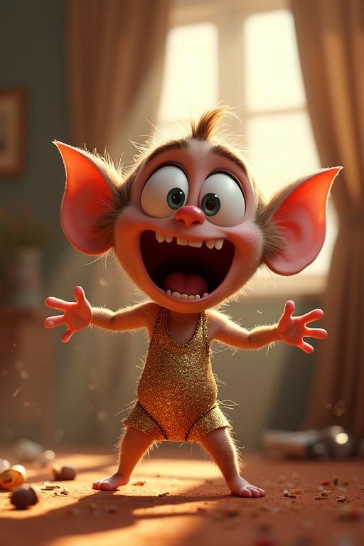 A hyperrealistic 3D cartoon humanoid creature with oversized eyes and huge ears. The creature has sharp little teeth and is mid-dance with limbs flailing in a chaotic bedroom. It is wearing a glittery disco outfit and has a wild joyful expression. The style is influenced by Pixar and Burton animation.
