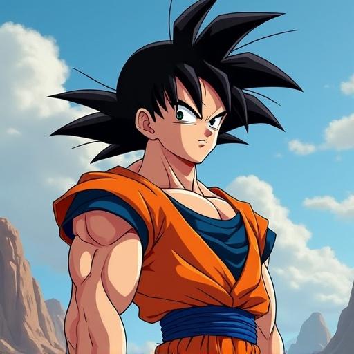 Depiction of a muscular female character resembling Goku. She has a big chest. The outfit is orange and blue. The scene is set against a bright blue sky.