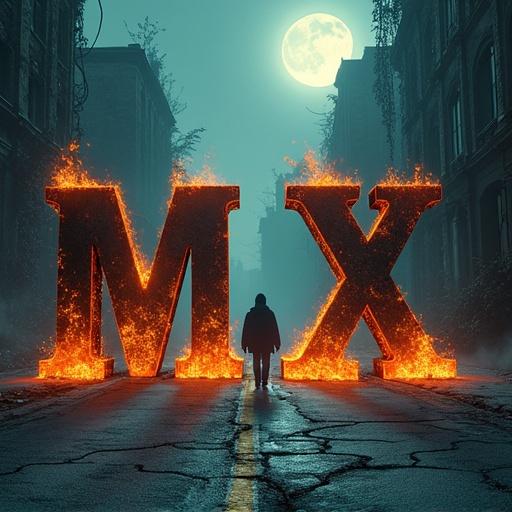 Digital illustration of ornate iron lettering spelling 'MX Media'. Glowing embers trail from each letter. The lettering is on cracked asphalt in an abandoned city, covered in vines. An anguished figure walks down the road, silhouetted against the fiery text. The scene is lit by orange embers and moonlight.