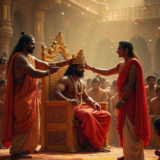 A royal coronation of Karna in the ancient Anga kingdom. Karna sits on a golden throne. A crown is placed on his head. Duryodhana stands beside him. Priests chant mantras. Flowers shower down from above. The crowd watches in awe. Karna shows calmness with heavy eyes.