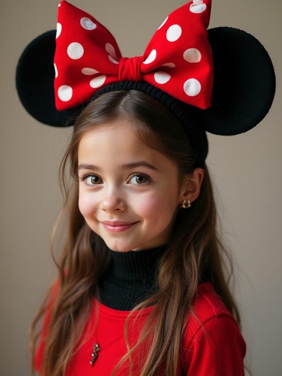 Close-up portrait of a girl wearing a Mickey Mouse hat with large ears and a red polka dot bow. She has long brown hair, an elegant smile, and is wearing a red top.