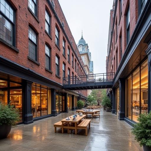 A cultural and university district in Midtown. Features Hanpaa State University with 50,000 students. Nearby Museum Row with art and industrial history exhibits. The Foundry is a converted factory turned arts district. The architecture is historical with modern touches. Outdoor seating area adds a communal feel.