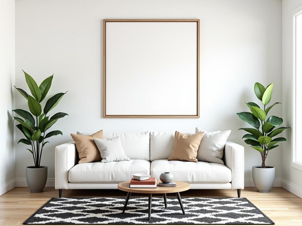 This is a modern living room setting. There is a mock-up frame mounted on the wall, ready for colorful artwork. Underneath the frame, there are two plants in ceramic pots giving a touch of greenery. A cozy white sofa is placed with some decorative pillows. In front of the sofa sits a round coffee table with books and a small decorative piece. The area is complemented by a stylish black and white rug, creating a warm and inviting atmosphere.