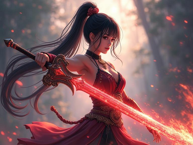 A magical warrior holds a glowing sword. The warrior is portrayed as a beautiful Asian girl. The setting features a fantasy backdrop with dramatic lighting. The pose is dynamic and bold, emphasizing strength and confidence.