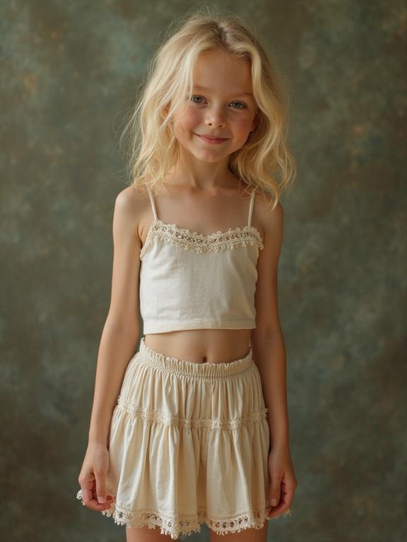 Youthful girl wears a lace-trimmed cami and a mini pleated skirt. The outfit features a navel-baring design. Model has blonde hair. The setting is softly lit with a textured background.