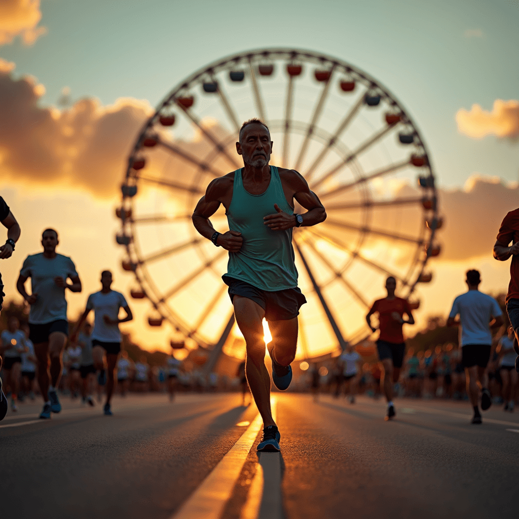 Runners race against the backdrop of a glowing Ferris wheel at sunset.