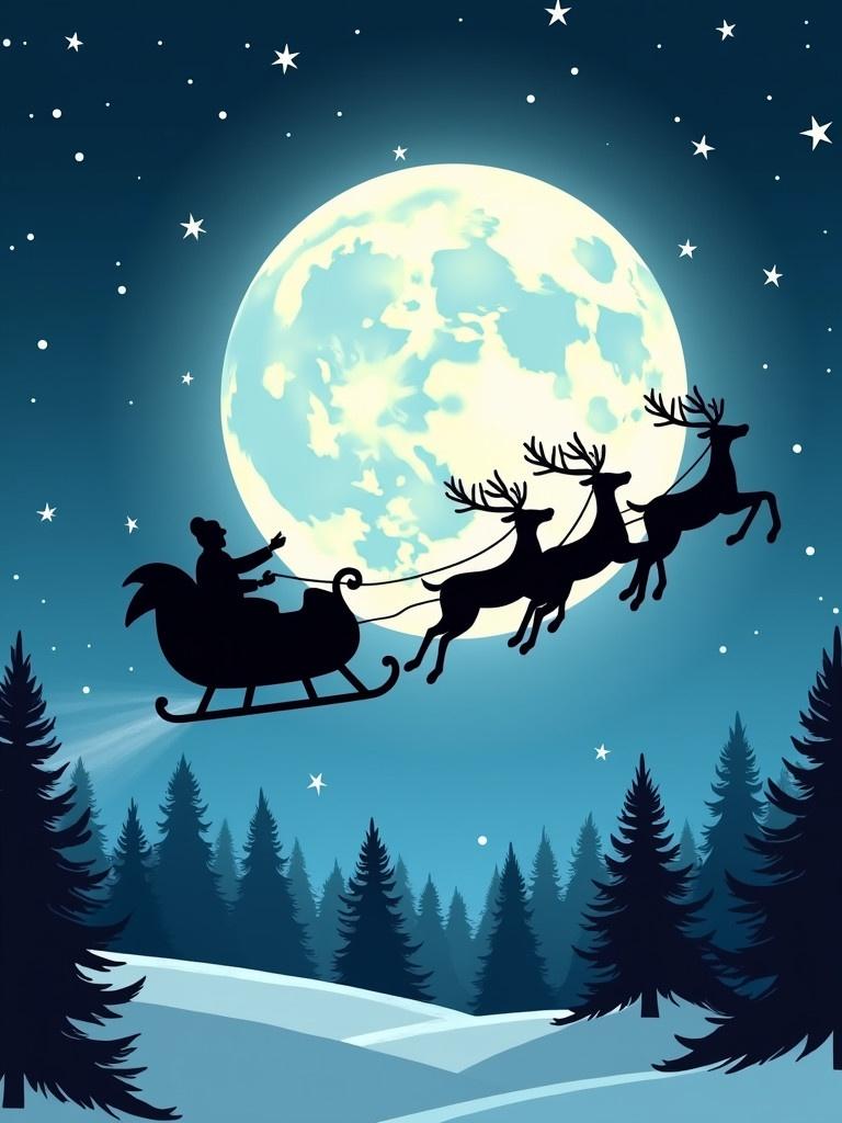 Black silhouette of a sleigh pulled by five reindeer is flying across a starry sky. Full moon illuminates the scene. Below, a snowy landscape with Christmas trees. Magical dust trails behind the sleigh.