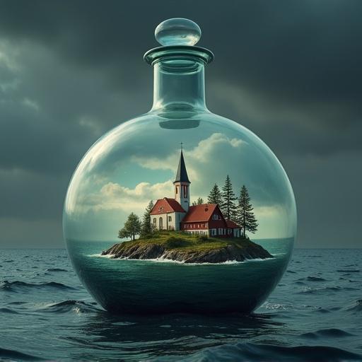 A glass bottle half submerged in a dark sea. Inside, a green island features Scandinavian-style houses, an church, trees, and clouds. A strong light reflects off the bottle.