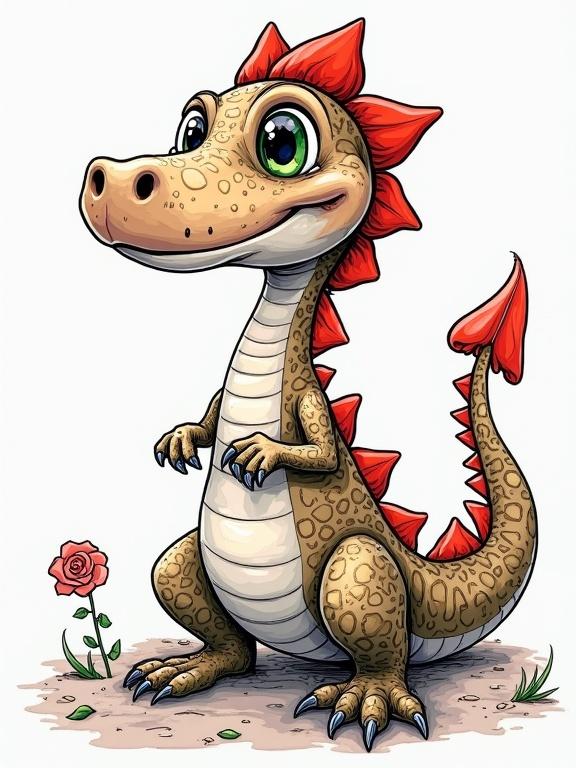 Colorful cartoon dinosaur character with big eyes and red spikes. The dinosaur stands on all fours beside a rose flower. Friendly and approachable appearance with detailed texture on the body.