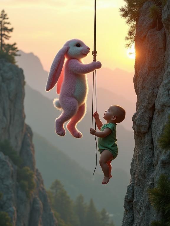Surreal scene of a large rabbit hanging onto a rope on a mountain. A baby in a green romper is also holding onto the rope. The rabbit seems to help the baby climb up. Background features steep cliffs and glowing sunset. Image is hyper-realistic and filled with emotion.