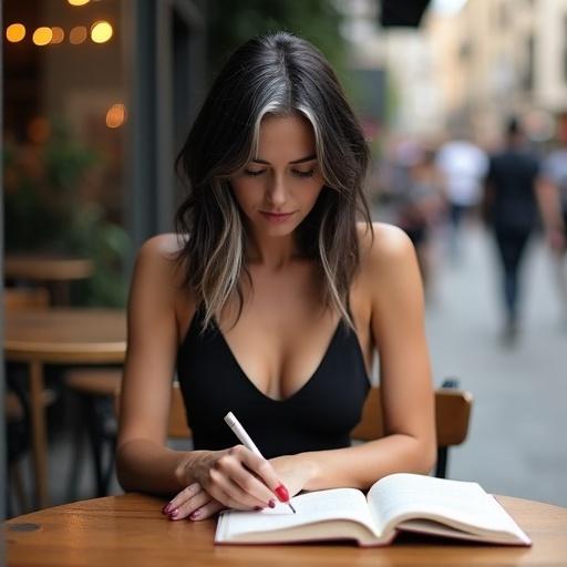Realistic image featuring a woman sitting at an outside café table reading a book. Woman is 40 years old with dark hair and a strand of white hair. View is from above. She wears a black tank top and is reading a book.