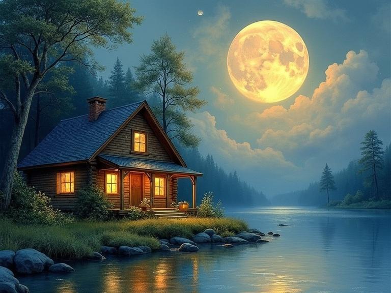 Wooden cottage glowing under a large full moon. Post-impressionist romantic landscape. Watercolor mist with oil-like brushstrokes on foliage. Peaceful and contemplative mood. Cabin on the left with moon reflected in water to the right.