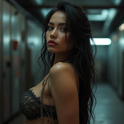 Woman with sensual gaze dressed in striking outfit. Set in an industrial, cybernetic environment. Features dramatic lighting and moody colors.