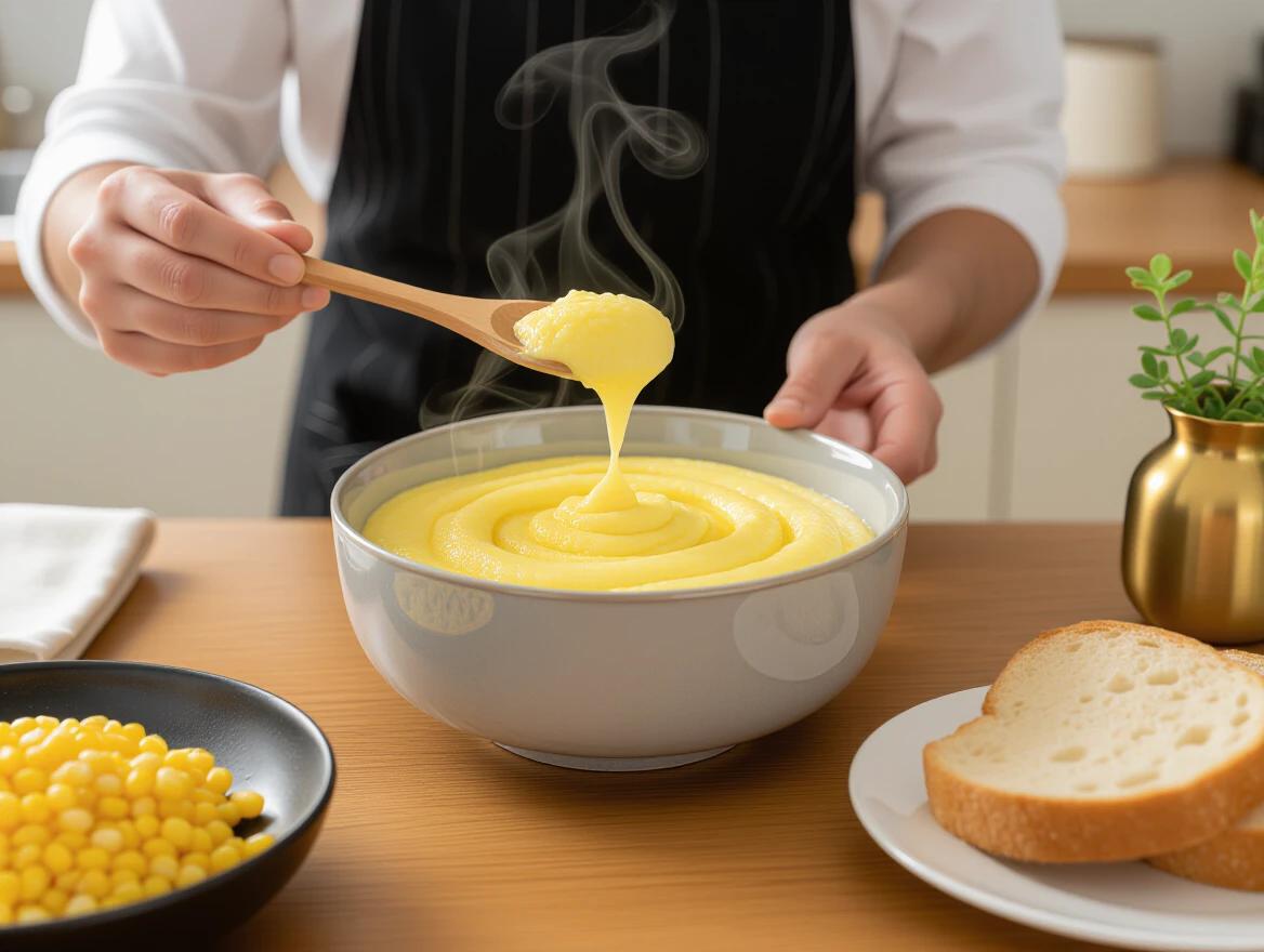 Hands serve creamy yellow polenta in light gray bowl. Wooden spoon lifts smooth polenta creating swirl. Black vest and white shirt worn by person. Wooden table with black plate of corn kernels on left. Slice of golden-brown bread on white plate on right. Kitchen background with warm lighting and window. Small green plant in gold vase slightly out of focus. Warm intimate atmosphere with natural lighting.