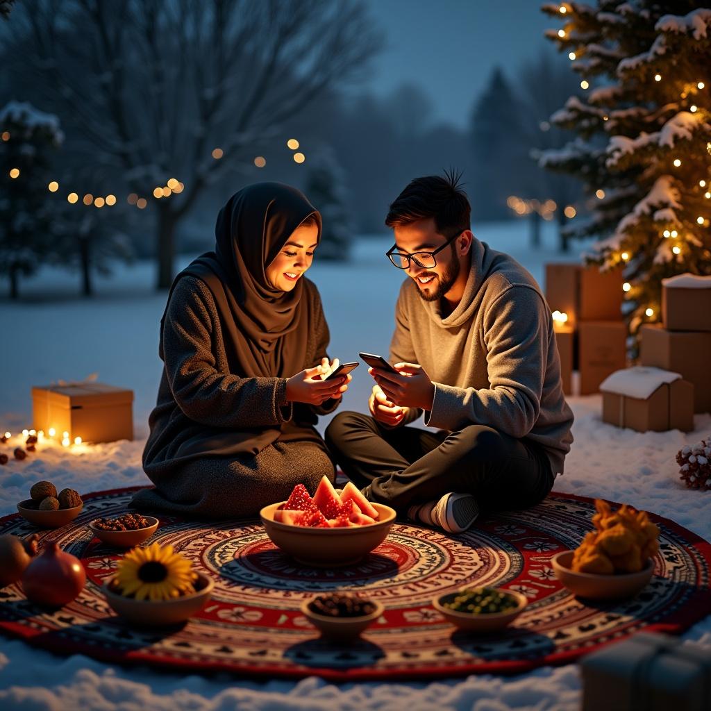 An Iranian couple, a woman in a hijab and her husband, sit joyfully on a colorful circular rug in a snowy winter setting. They are surrounded by packages ready for shipping, celebrating their high sales volume. Both are excitedly checking their mobile phones and showing their sales figures to each other. In front of them, there is a bowl filled with pomegranates and watermelon slices, alongside various bowls containing sunflower seeds, walnuts, hazelnuts, dried figs, and elderberries, adding a touch of festivity to their moment.