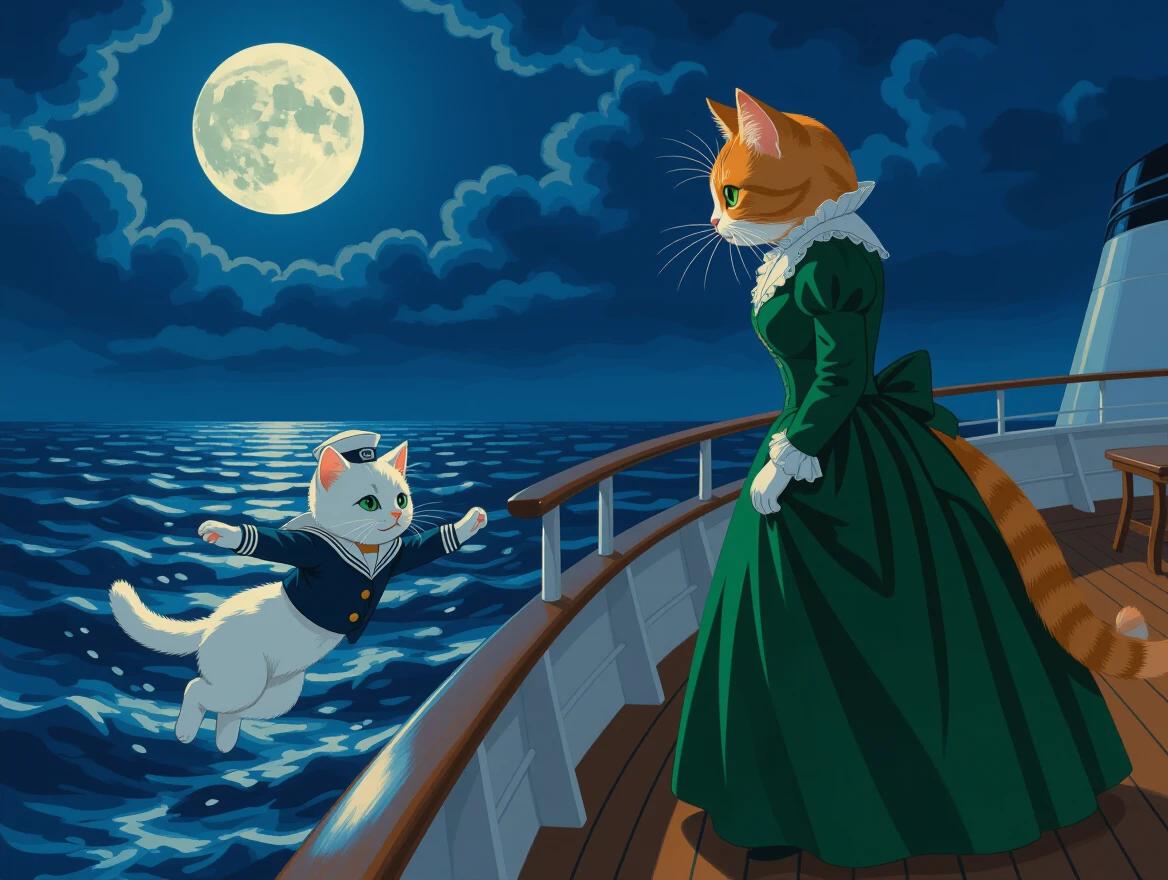 Dramatic scene aboard a cruise ship at night under full moonlight. An anthropomorphic orange cat in elegant emerald green dress stands watch on upper deck. A frightened white kitten in sailor outfit is falling overboard. Conflict and emotional tension are conveyed in the moment. Dark ocean and cloudy sky enhance the atmosphere.