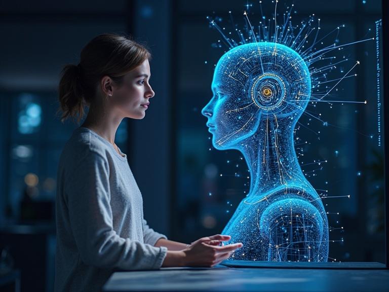 Human and AI collaborate on an innovative project. A robotic figure and a young human interact meaningfully. The setting features advanced technology with glowing elements.
