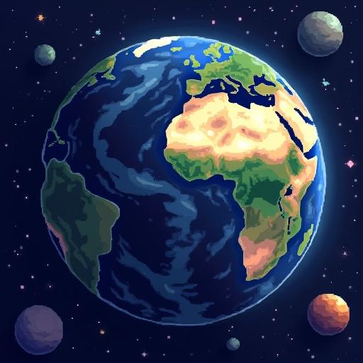 Illustration of Earth in space. Pixel art style. Bright colors. Surrounded by planets. View from space. Ready for video game use.
