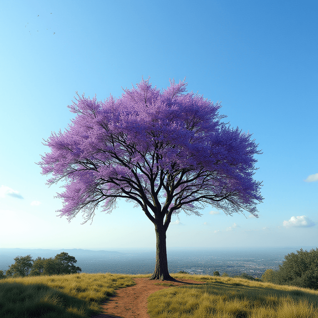 A solitary tree with vibrant purple blossoms stands majestically on a hilltop under a clear blue sky.