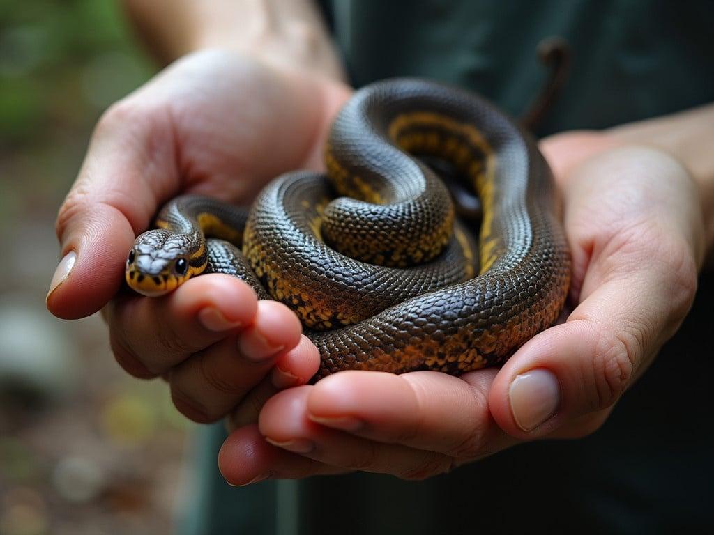 Close up photograph of a person holding a snake. The snake has a glossy, dark body with yellow and brown patterns. The background is out of focus showing a natural environment.