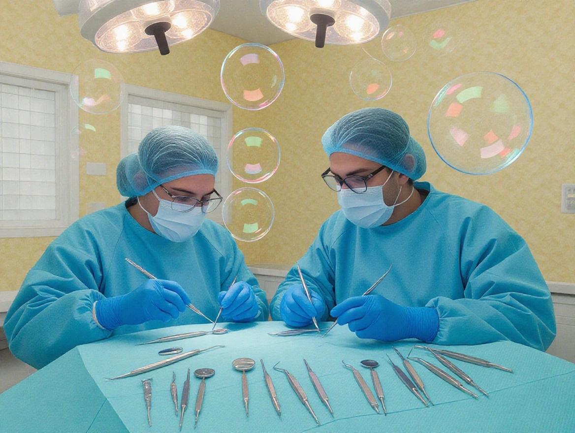 Tiny dentists inside bubbles engage with dental tools. Bright colors create a cheerful atmosphere. Setting showcases a playful yet professional dental office.