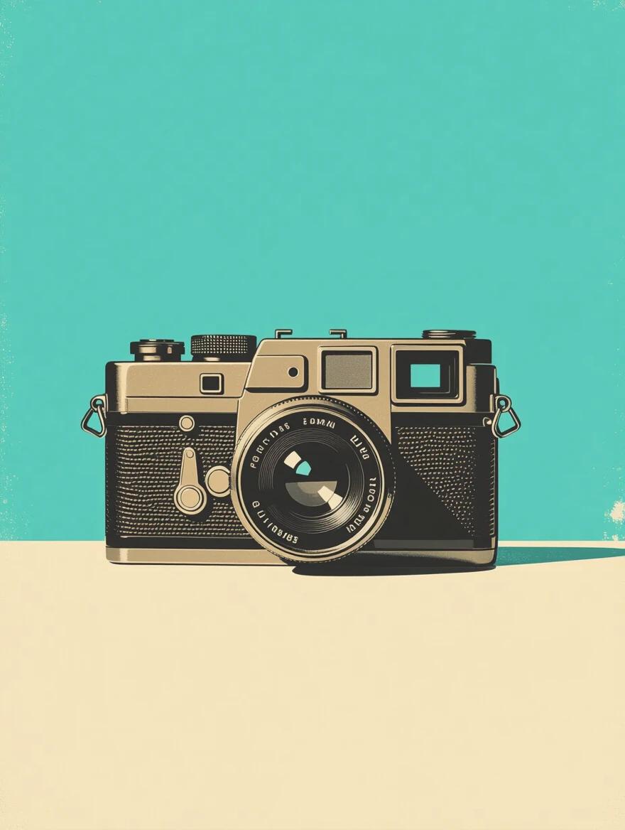 A design featuring a vintage brown camera with minimalistic style against a turquoise background. The focus is on the camera as a silhouette in negative space, showcasing interesting design and textures.