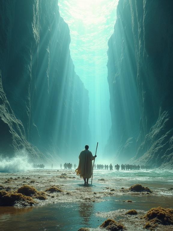 Moses stands boldly in the center of a vast parted sea holding a wooden staff. A multitude of ancient Israelites follows closely walking across the exposed seabed. The seabed is damp and muddy with ripples and puddles between two towering walls of water. The water walls are mid-surge glowing with deep blue and aquamarine colors. Visible currents and bubbles scatter light through the water. Schools of silver and golden fish swim inside the glowing water. Divine light beams through the water creating luminous patterns on the seabed. Gentle mist rises where water meets air casting reflections. The scene feels miraculous and holy evoking awe.