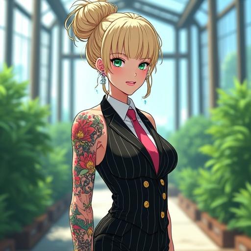 Anime character portrayed as a 59 year old woman inside a luxurious greenhouse. She has emerald green eyes and a beautiful face. Her hair is styled in an oversized light blonde French bun. She wears light pink diamond jewelry and an elegant pinstriped suit. Body features include muscular arms and traditional Japanese tattoos. Character embodies a futuristic aesthetic with a cybernetic right leg, representing part-time leadership in a corporate setting.