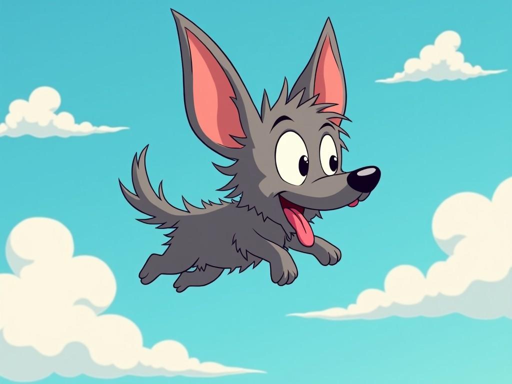 A cartoon image of a wolf character jumping in the sky, with big ears, a joyful expression, and clouds in the background, in a colorful and playful art style.