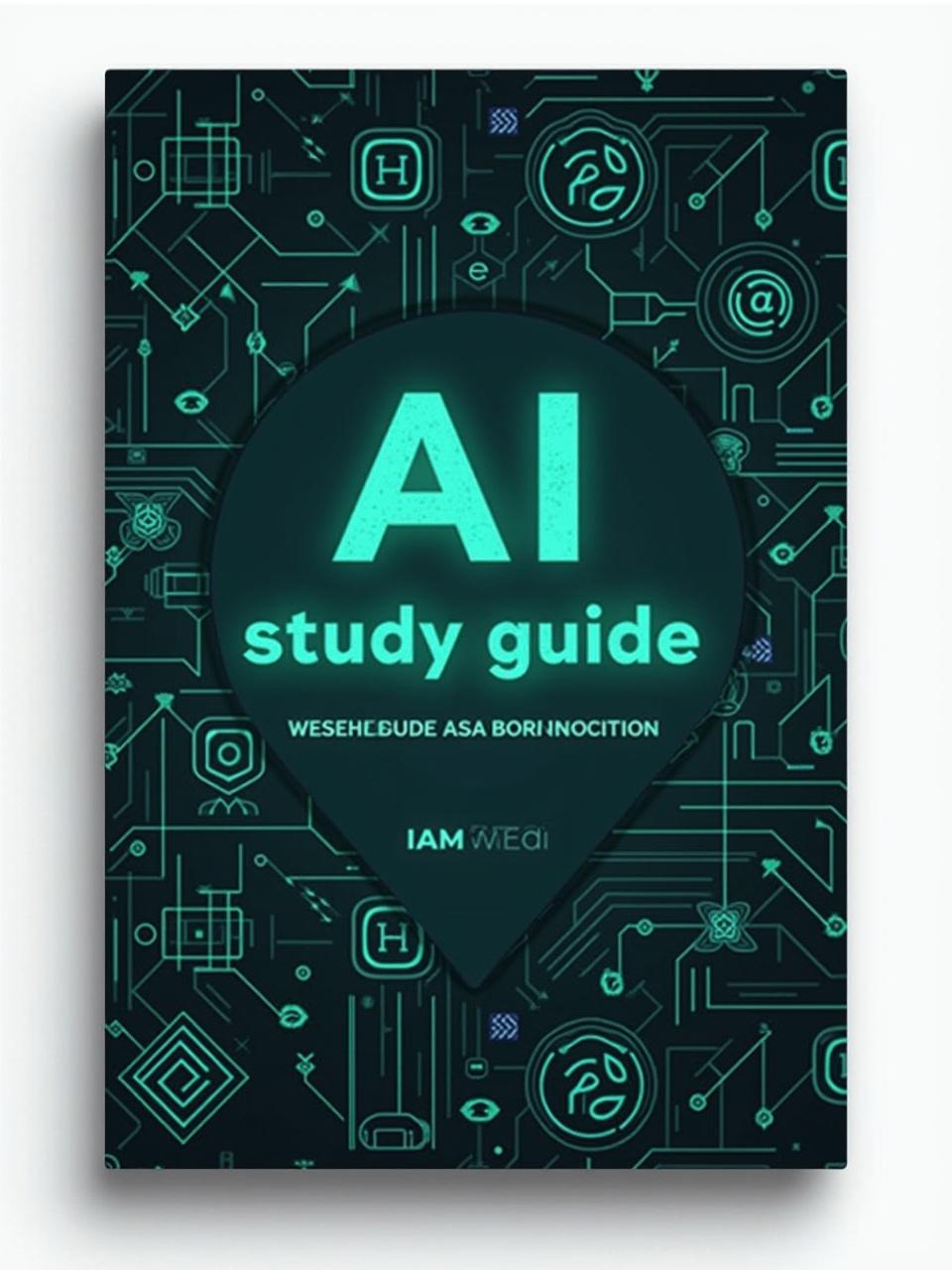 Book cover design for an AI study guide. Dark background features glowing green elements and circuits. Central title area highlights the text 'AI Study Guide' prominently.