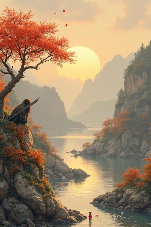 A serene sunset over a mountainous landscape. A lone figure in dark clothes sits on a cliff. Mountains covered with orange foliage extend in the background. Still waters reflect the golden light. A child wades in the river.