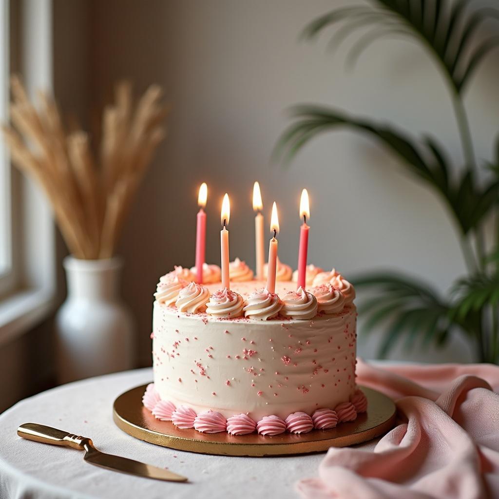 Interior setting featuring a decorated birthday cake on a table. Cake has lit candles, pink frosting, and decorative elements. Soft colors create a celebratory atmosphere.