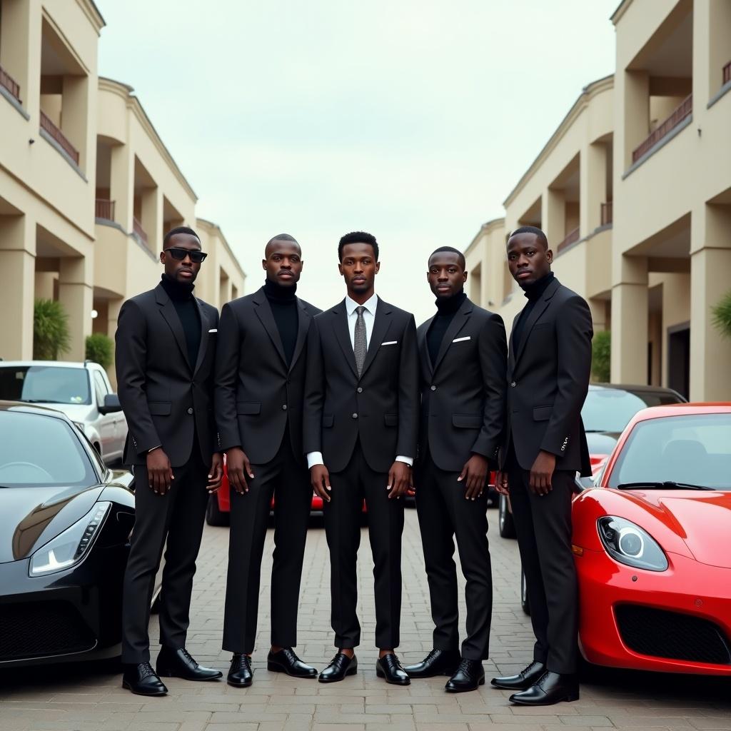 Group of five men standing confidently together with luxury cars parked nearby including a Ferrari and a Porsche. Stylish attire enhances the luxurious atmosphere.