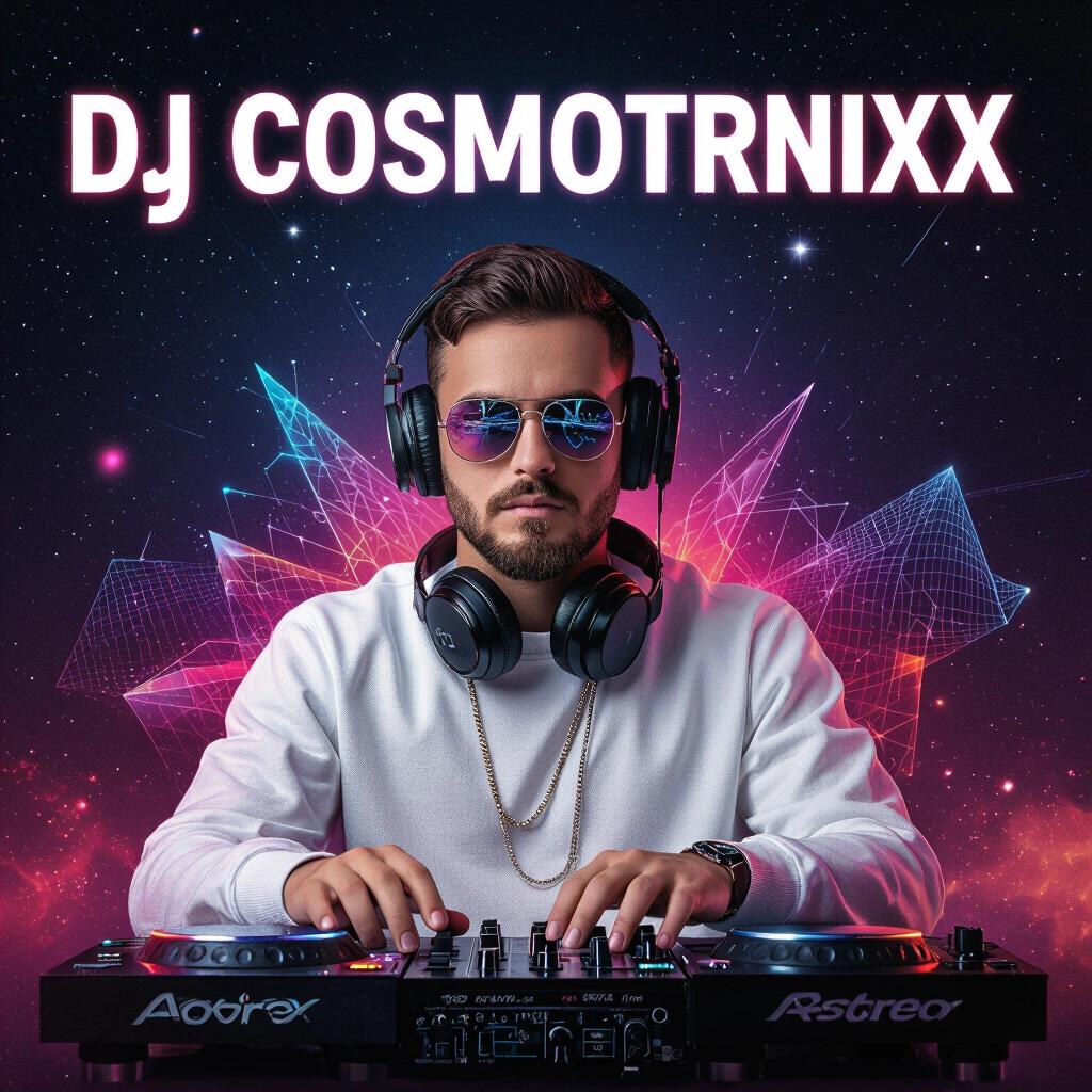 Artistic album cover features DJ Cosmotrnixx. DJ wears headphones and is focused on mixing music. Background has abstract design with vibrant neon colors. Light effects create a dynamic atmosphere.