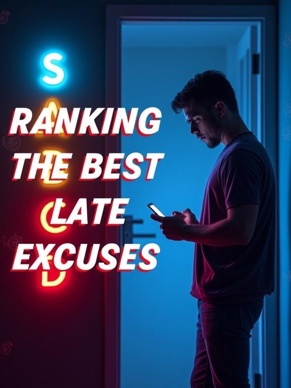 Split-screen composition shows glowing S-A-B-C-D rankings in neon colors on the left. On the right, a panicked person stands before a locked door holding a phone with a dead battery. Large text overlay reads 'RANKING THE BEST LATE EXCUSES'. Background features a gradient and subtle clock icons. Style is high contrast and TikTok-optimized.
