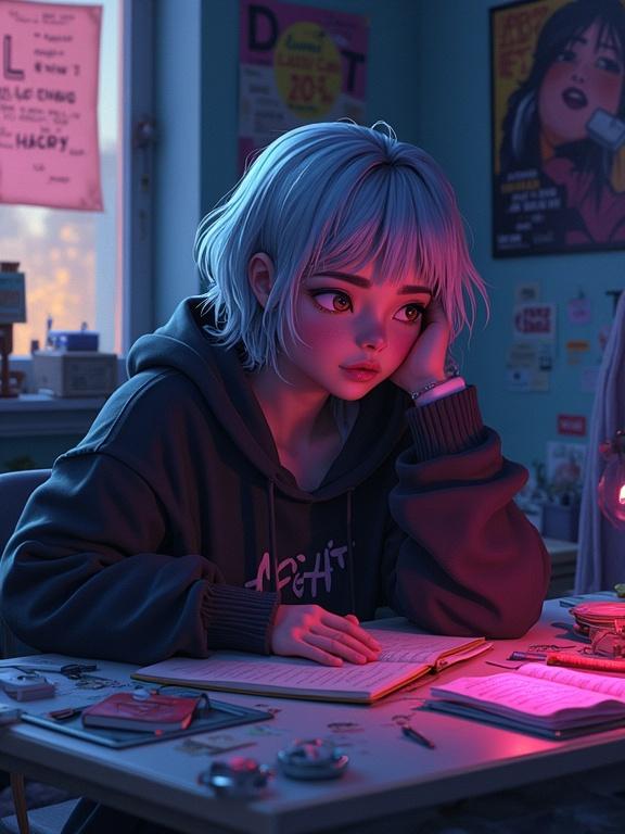 A girl with silver hair in a hoodie sits bored at her messy desk in a dim bedroom. Neon posters on the walls. An unopened journal beside her glows softly. Her expression shows boredom and cynicism. Bright cartoonish style with pop colors.