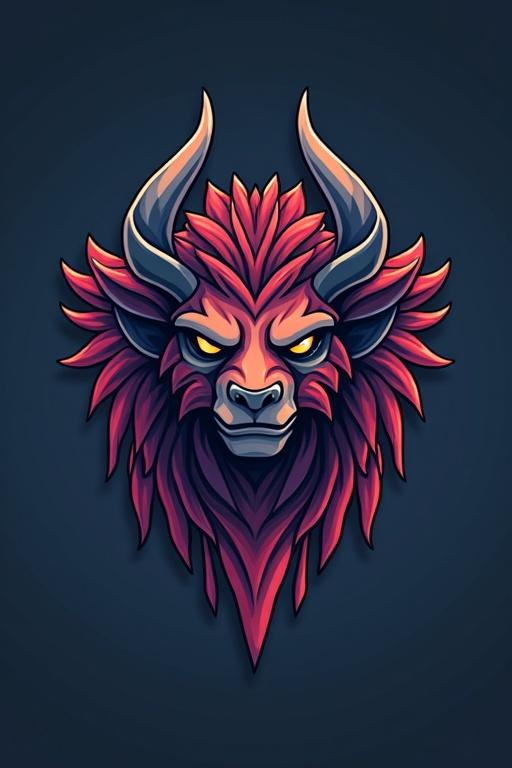 Logo design features a stylized lion head with vivid colors. The lion has prominent horns and thick foliage for a mane. The colors blend from crimson red to dark shades. Eyes glow bright yellow. Suitable for a gaming server named LanCasters. Emphasizes a strong and fierce appearance.
