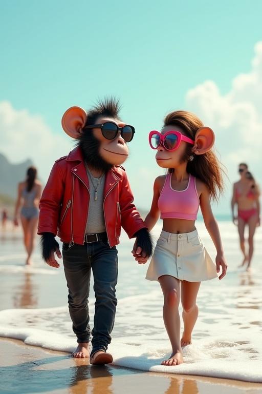 A hyper-realistic 3D handsome male monkey and beautiful female partner walk hand in hand along a seashore. The male wears a red leather jacket, black jeans, sunglasses. The female in a pink crop top, white skirt, and heart-shaped glasses. Tourists around them are amazed. Cinematic beach scenery with vibrant lighting. 4K ultra-detailed, vertical format.