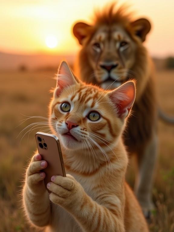 Golden calico cat holding a mobile phone for selfie. Cat has shocked expression. Male African lion two meters behind. Early morning grassland. Soft warm side light of sunrise.